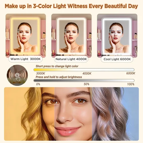 Vista 4 de Pequeño tocador con espejo y luces, tocador de maquillaje con cajón de almacenamiento, 2 estantes y 3 compartimentos, color rosa