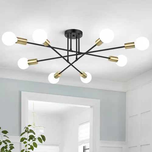 Vista 8 de Bosceos Lámpara de techo semiempotrada, lámpara de techo Sputnik moderna de 4 luces negras y doradas, lámpara de techo industrial para cocina