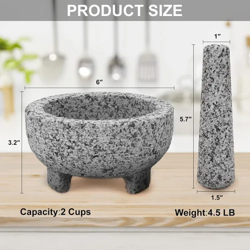 Vista 6 de Juego de mortero y mortero, tazón de molinillo de granito sin pulir de 6 pulgadas, 2 tazas para hierbas, pastas de pesto y condimentos, molinillo