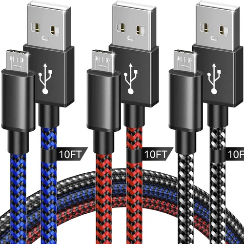 Vista 2 de Paquete de 3 cables de carga para controlador PS4 de 10 pies Cable de carga de nailon trenzado micro USB de alta velocidad compatible
