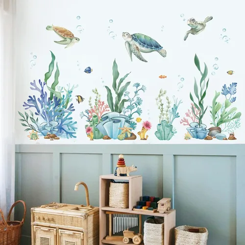 wondever Calcomanías de pared de hierba de algas marinas, tortugas bajo el mar, calcomanías de arte de pared para bebé, cuarto de bebé, dormitorio