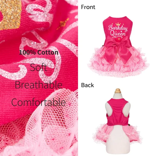 Vista 3 de Fitwarm Vestido de tul Barkday Queen para perro, ropa de cumpleaños para perritas pequeñas, atuendo para mascotas, rosa claro, rosa intenso, XXS