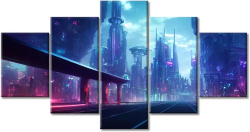 Vista 66 de Cuadros de 5 paneles de Cyberpunk City, arte de pared, representación de vallas publicitarias, edificios modernos en la capital con obras de arte