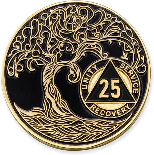 Vista 146 de 1 año Sobriety Mint Twisted Tree of Life Medallón de recuperación AA chapado en oro, chip/ficha - negro