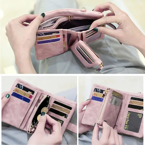 Vista 3 de Carteras para mujer, plegables, pequeñas, de piel suave, Rfid, billeteras triples para mujer, billeteras para mujer, mini cartera de mano
