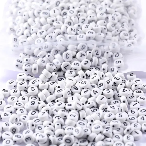 1000 cuentas de números de acrílico blanco de 0.276 x 0.157 pulgadas, cuentas de números mixtos de plástico acrílico, forma redonda, cuentas sueltas
