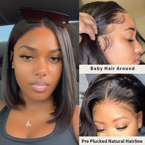 Vista 2 de Spotlight Pelucas de cabello humano lacio con encaje frontal de 4 x 4 para mujeres negras, densidad del 180 %, peluca con cierre de encaje virgen