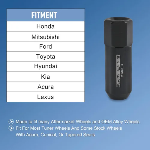 Vista 2 de JDMSPEED - Repuesto de tuercas de llanta alargadas de aluminio de 2.23 pulgadas para llantas M12 x 1.5, 20 unidades, color negro
