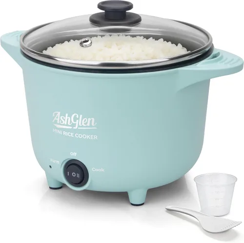 AshGlen Arrocera pequeña de 2 tazas sin cocer / 4 tazas cocidas, mini olla eléctrica, mini olla eléctrica, olla arrocera de cerámica, vaporizador de