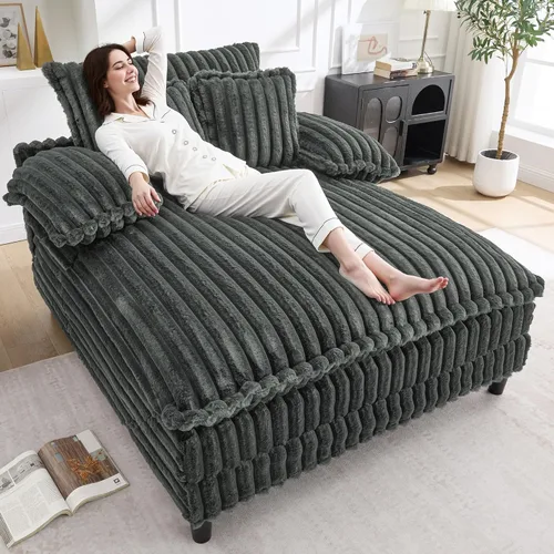 Vista 9 de WESTSETLUX Tumbona extragrande de 54.8 pulgadas de ancho para interiores con respaldo ajustable de 5 posiciones, sofá cama de pana con 3 almohadas
