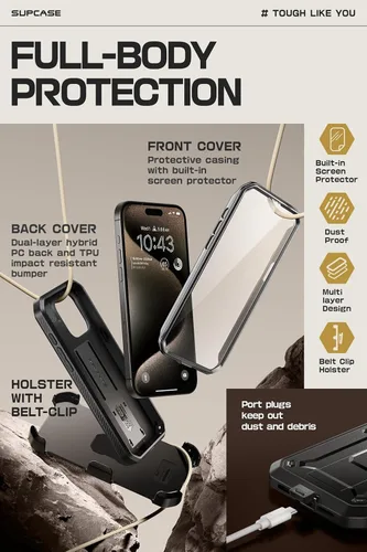 Vista 5 de SUPCASE Funda para iPhone 15 Pro con soporte y clip para cinturón, [Unicorn Beetle Pro] [Protector de pantalla integrado]