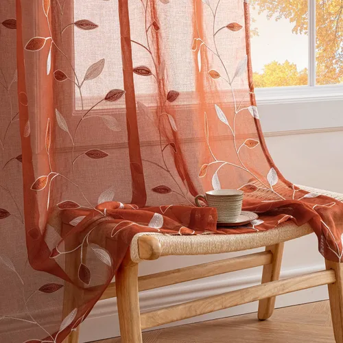 Vista 24 de MIULEE Cortinas traslúcidas beige 2 paneles bordados con estampado de hojas, bolsillo para barra, floral, semitransparentes, de lino sintético