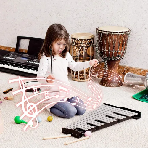 Vista 3 de Giantex Kit de Campanas de Percusión Glockenspiel de 30 Notas, Xilófono con Marco de Altura Ajustable, Atril Musical, Almohadilla de Práctica de 20