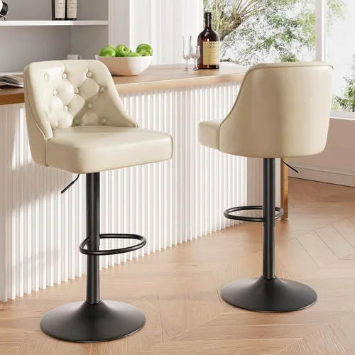 Vista 4 de Juego de 2 taburetes de bar, taburete de bar ajustable con respaldo, sillas de bar tapizadas de piel sintética, taburetes de bar giratorios modernos