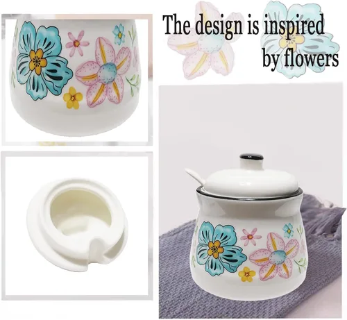 Vista 3 de Azucarero de cerámica con tapa y cuchara, contenedor de azúcar para barra de café, hogar y cocina, 12 onzas