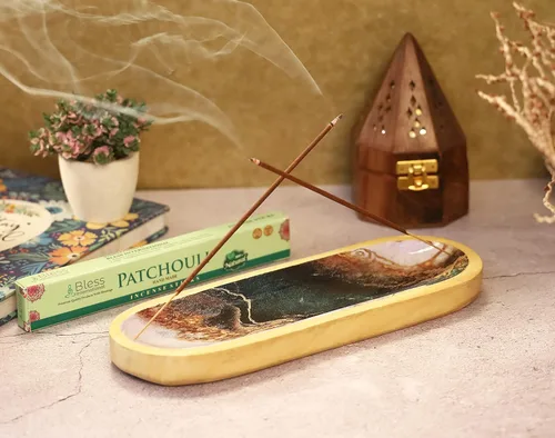 Vista 2 de Bless-International Quemador de Bandeja Tradicional Hecho a Mano de Madera, Soporte para Varillas de Incienso, Atrapacenizas para Aromaterapia