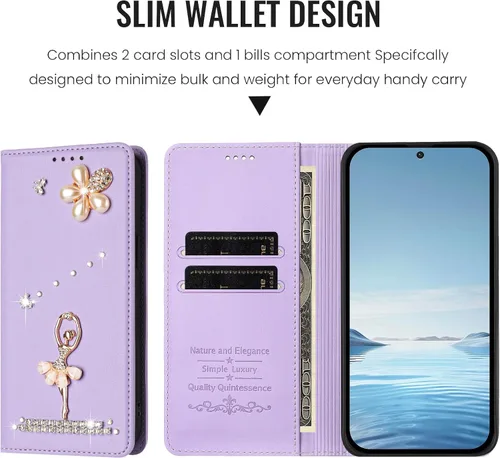 Vista 3 de Wallet Case for Motorola Moto E22 4G / E22i 4G,Glitter Pearl Flower Ballerina Flip Case Card Slots Stand RFID Blocking PU Leather Magnetic