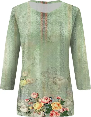 Vista 2 de Blusas para mujer, a la moda, casual, manga tres cuartos, estampado gráfico, cuello redondo, blusa bonita