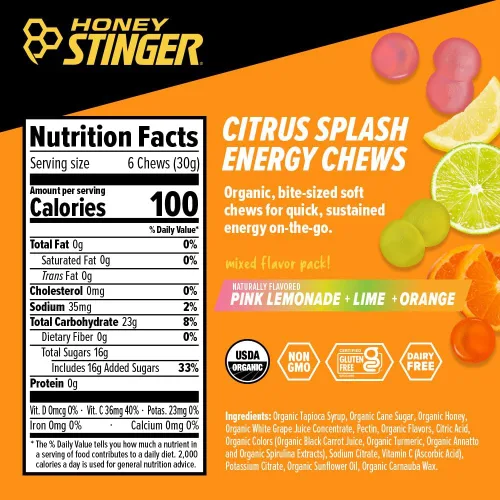 Vista 2 de Honey Stinger Masticables energéticos orgánicos Citrus Splash, sin gluten y sin cafeína, para ejercicio, correr y rendimiento, nutrición deportiva