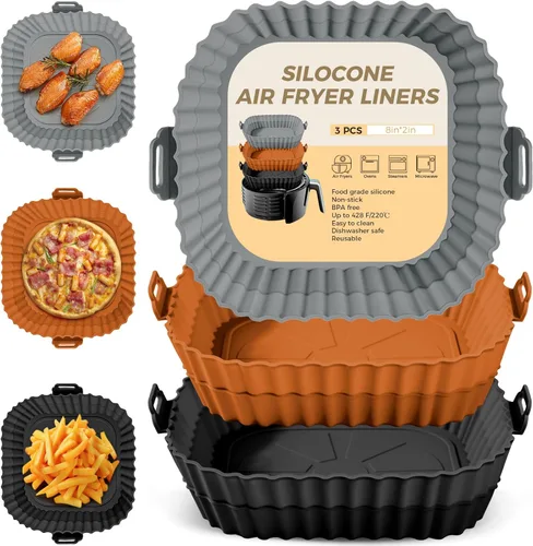 Vista 11 de Beauty - Paquete de 3 forros para freidora de aire, olla de silicona de 8 pulgadas, reutilizable de grado alimenticio, accesorios para cestas