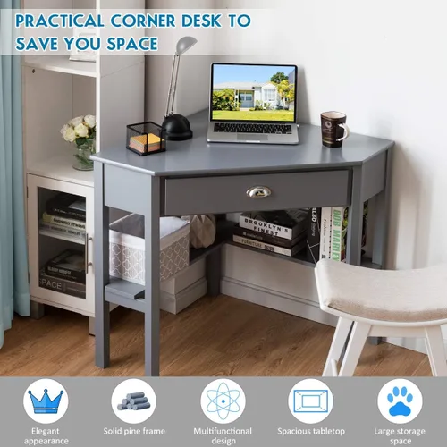 Vista 4 de KOTEK Escritorio esquinero con cajón y estantes, escritorio de madera para oficina en casa, escritorio triangular para computadora, escritorio