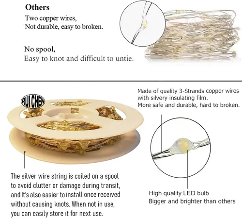 Vista 3 de RUICHEN Guirnalda de luces LED de alambre plateado con carrete de 99 pies, 300 luces LED de 99 pies, color verde