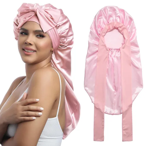 Vista 18 de AWAYTR Gorro largo de satén para mujer, gorro de seda elástica de doble capa para trenzas, gorro de dormir con banda de amarre (negro)
