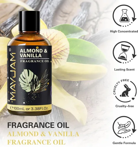 Vista 2 de Aceite esencial de fragancia de almendra y vainilla, MAYJAM 100 mL de aceite de almendra y vainilla para difusores para el hogar, aceites perfumados