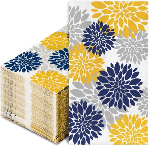 AnyDesign - Paquete de 80 servilletas de papel de dalia para invitados de 15.7 x 13 pulgadas, azul marino, amarillo, plateado, flores, servilletas