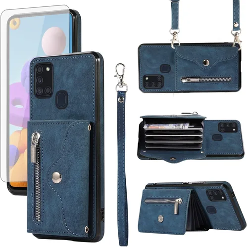 Vista 10 de Funda para teléfono Samsung Galaxy A21S con protector de pantalla de vidrio templado y correa cruzada para la muñeca, cordón para el hombro, soporte