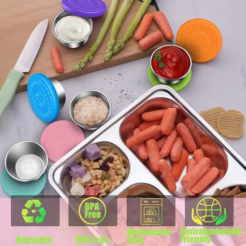 Vista 3 de Paquete de 6 recipientes pequeños de condimentos de 1.6 onzas con tapas, recipiente para aderezo de ensalada, recipientes reutilizables de acero