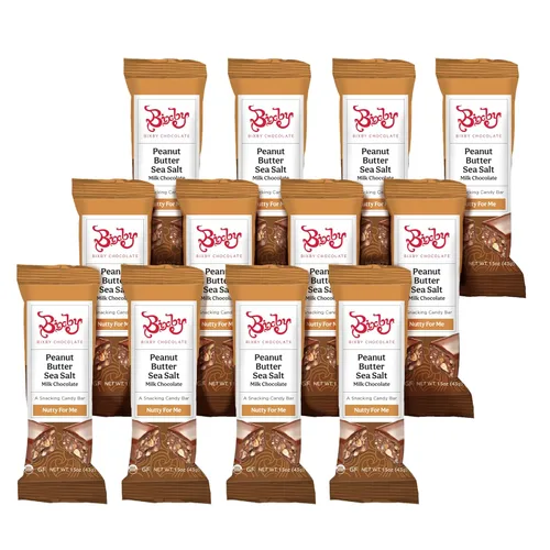 Bixby - 12 barras de chocolate con leche orgánico, mantequilla de maní sin gluten y sal marina real, bocadillo de proteína Kosher sin OMG con