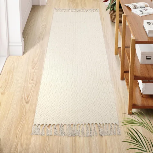 Lahome Belle - Camino de cocina bohemio, 2 x 6, tapete ligero para pasillos, alfombra lavable con borlas, alfombra de algodón beige de granja que no