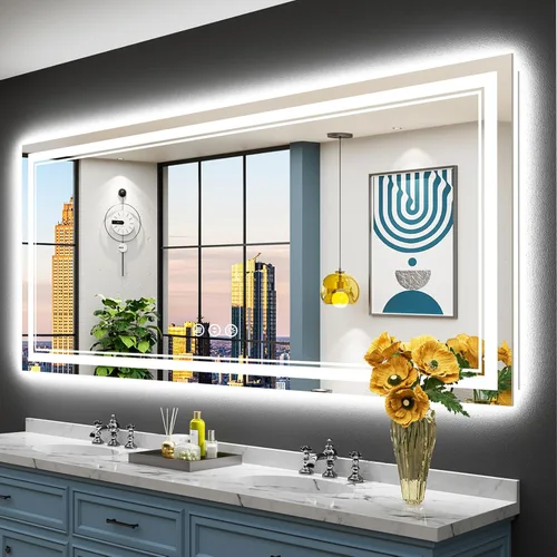 Vista 81 de Espejo de baño LED de 48 x 30 pulgadas con luces, retroiluminado + frontal iluminado, espejo de tocador con luz antiniebla para pared de baño con 3