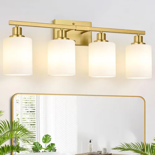 Vista 14 de MOKATNG Juego de 2 apliques de pared para baño, luces de tocador modernas negras con pantalla de vidrio blanco, lámpara de pared de baño