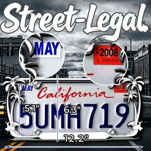 Vista 3 de Marco de matrícula cromado con palmeras 3D de alta calidad con 4 tapas de rosca plateadas, ajuste universal para automóviles y camiones, marco