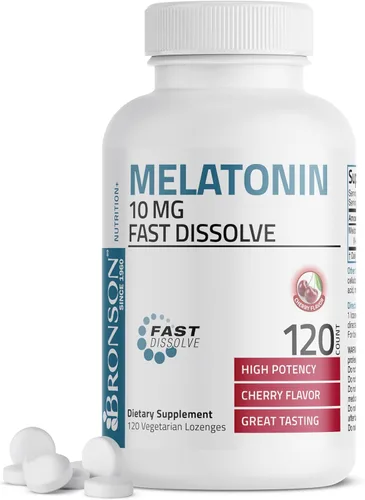 Vista 10 de Bronson Melatonina 10mg Tabletas de disolución rápida con sabor a cereza, pastillas masticables vegetarianas, 100