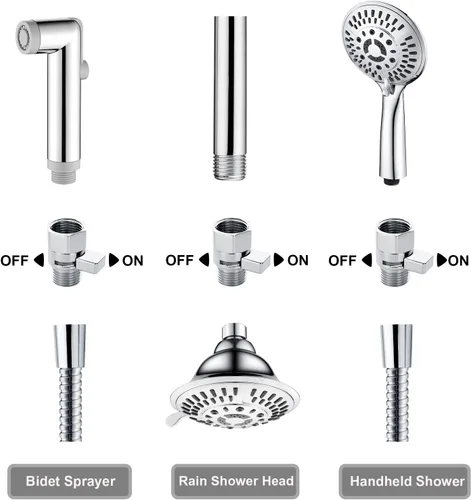 Vista 8 de BRIGHT SHOWERS Juego de cabezal de ducha de mano con 9 ajustes de pulverización con válvula de control de flujo de agua, cromo