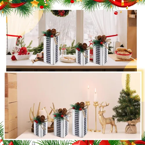 Vista 6 de 3 piezas de centros de mesa de Navidad, decoración de mesa de Navidad, bloques de madera falsos, decoración rústica con lazo a cuadros de búfalo