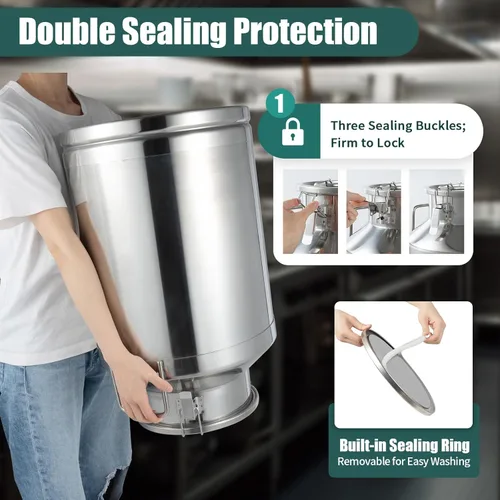 Vista 4 de Lata de leche de 15.85 galones/60 litros – Jarra de leche de acero inoxidable 201, mango grueso con tapa sellada, cubo de leche resistente para vino