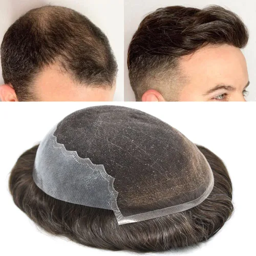 Vista 232 de Toupee - Sistemas de reemplazo de cabello para hombre, encaje frontal suizo, nudo blanqueado, pieza de cabello humano natural
