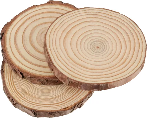 Vista 9 de HAKZEON 100 piezas de rebanadas de madera natural de 2.8 a 3.2 pulgadas, redondas de madera de 2/5 pulgadas de grosor con corteza, discos de madera
