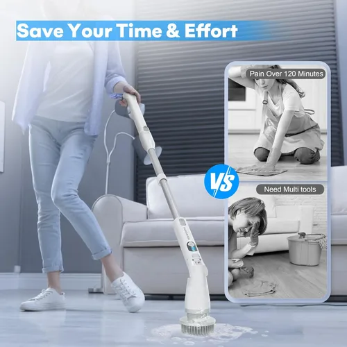 Vista 4 de Limpiador eléctrico giratorio, cepillo de limpieza inalámbrico con mango largo y 8 cabezales de cepillo IPX7 impermeable para baño para suelo