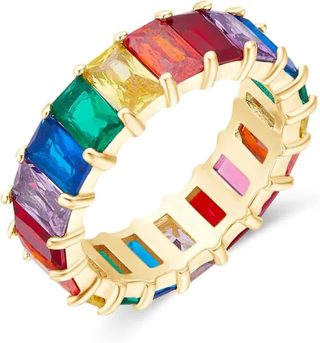 Vista 15 de Anillo de eternidad arcoíris AFFY 18K chapado en oro corte esmeralda multicolor AAA creado con gemas arcoíris, anillo apilable, alianza de boda