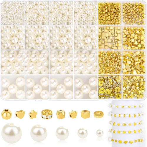Audab Cuentas de perlas para hacer pulseras, 970 cuentas espaciadoras de perlas y doradas para hacer joyas