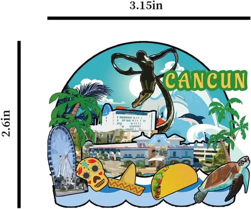 Vista 4 de Imán de nevera Cancún México Colección de madera 3D Madera Hecho a mano Recuerdos de la ciudad de viaje, imán para nevera Decoración del Hogar