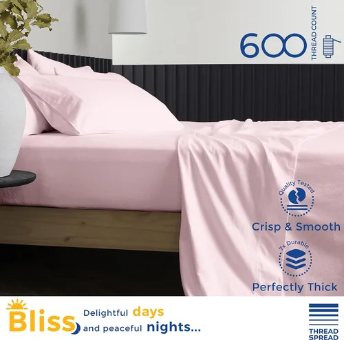 Vista 2 de THREAD SPREAD Hotel Collection - Juego de sábanas de 600 hilos de algodón egipcio, satinado, 4 piezas, Blush, gemelo