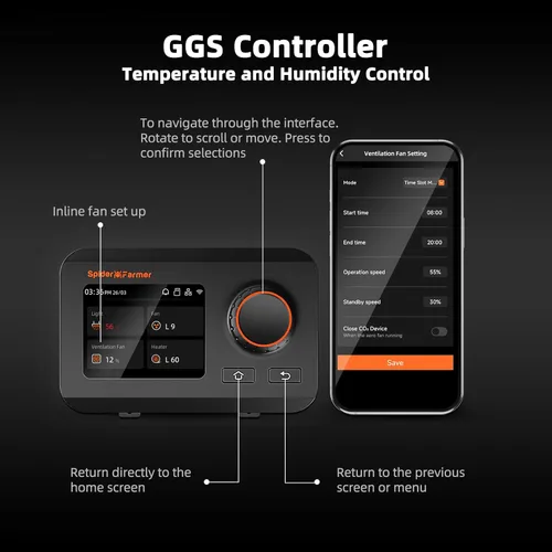 Vista 4 de Spider Farmer Ventilador inteligente de conducto en línea de 4 pulgadas con controlador de temperatura y humedad GGS, control de aplicación