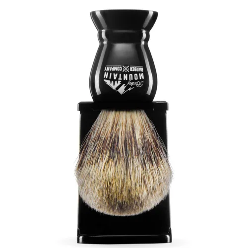 Vista 5 de Brocha de Afeitar con pelo de tejón con soporte – Rocky Mountain Barber 100% mejor de grado barbero con mango negro grande resistente de resina