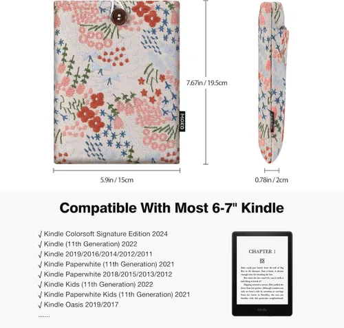 Vista 2 de MoKo Funda protectora acolchada bordada de margaritas de 6-7 pulgadas para Kindle Colorsoft Signature Edition 2024 de 7 pulgadas, Kindle
